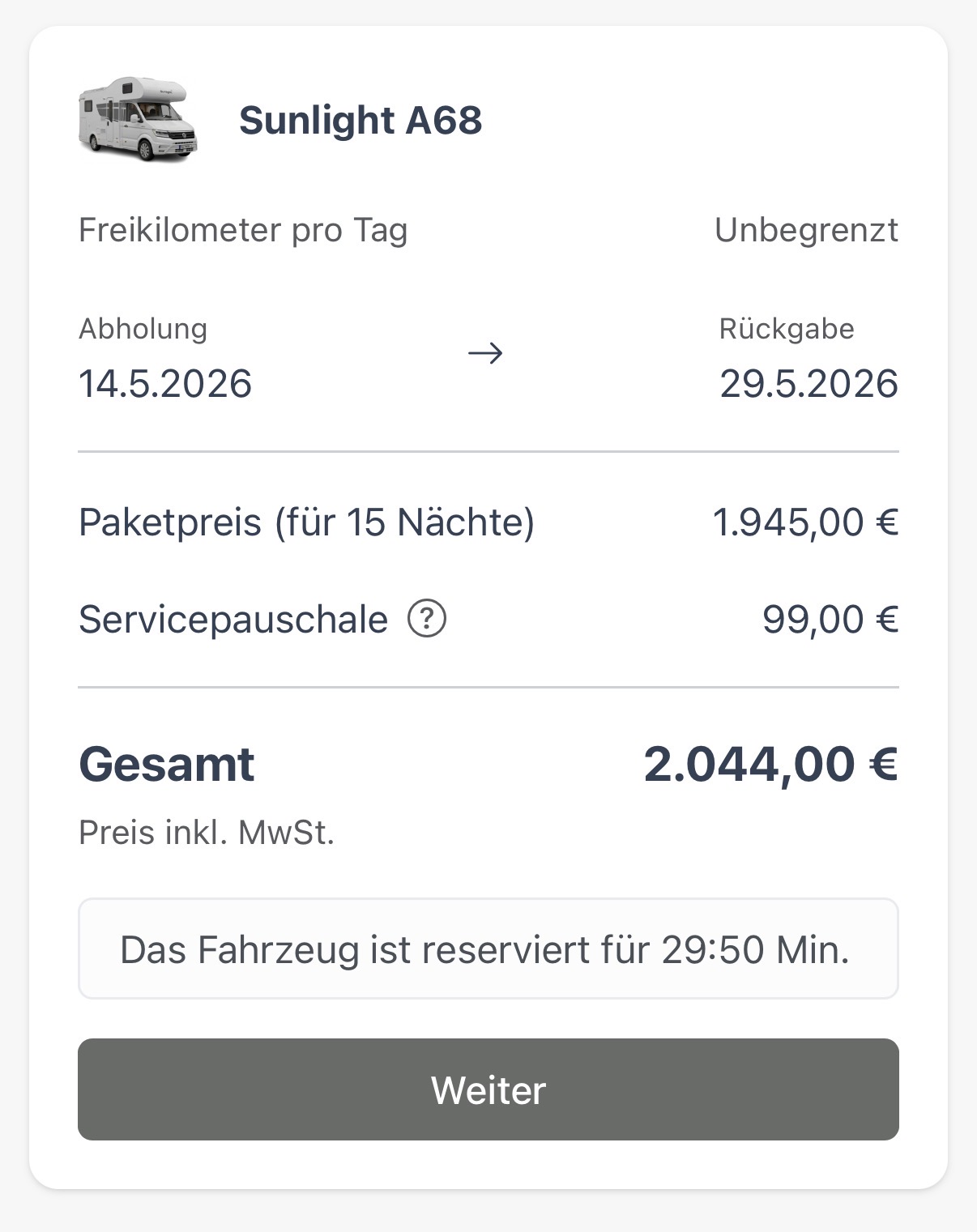 Datum, Uhrzeit und Standort für Abholung & Rückgabe wählen